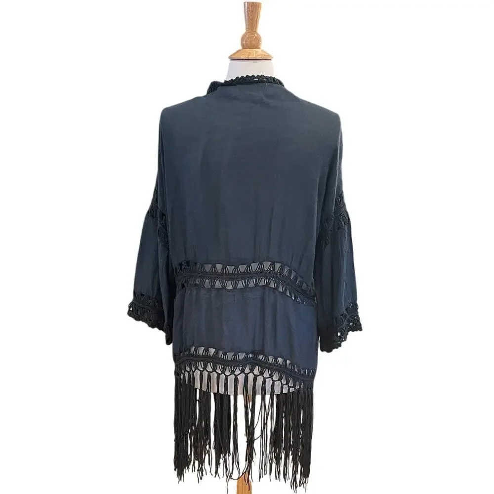 Do Everything In Love Navy Crochet Kimono, Duster, Cover-Up, Boho, Fringe, OS